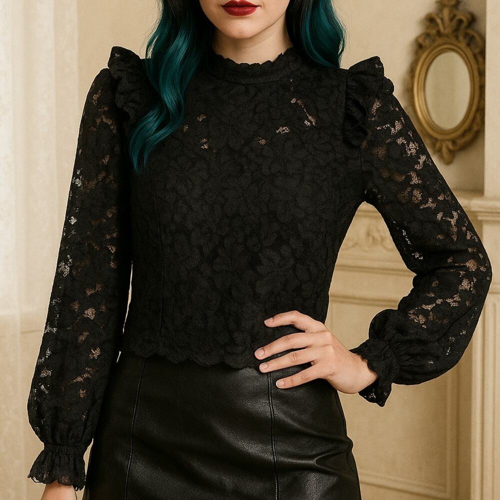 Whimsigoth Black Lace Blouse Sheer Gothic Top Ruffle Romantic Vampire Witchy S